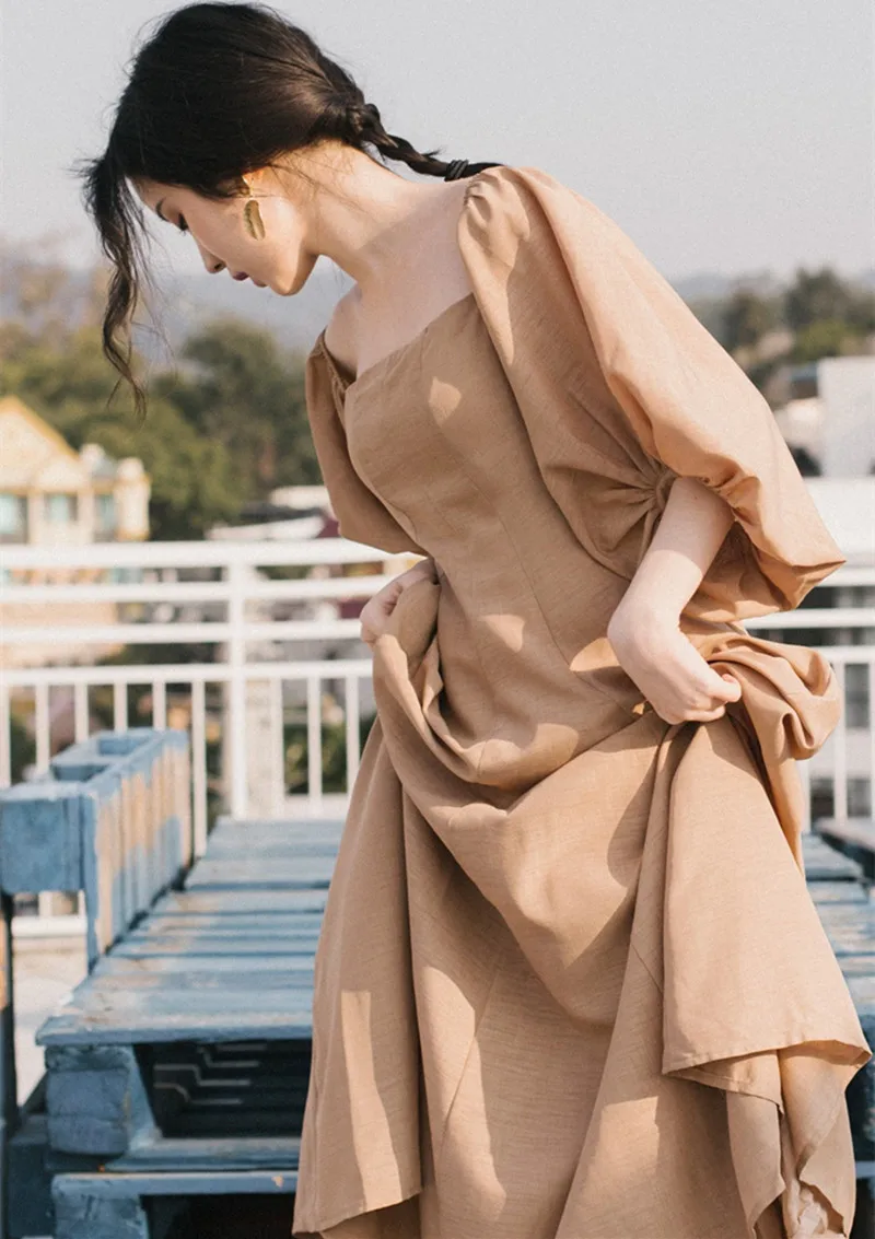 Французский Стиль литературный в винтажном стиле с квадратным вырезом платье