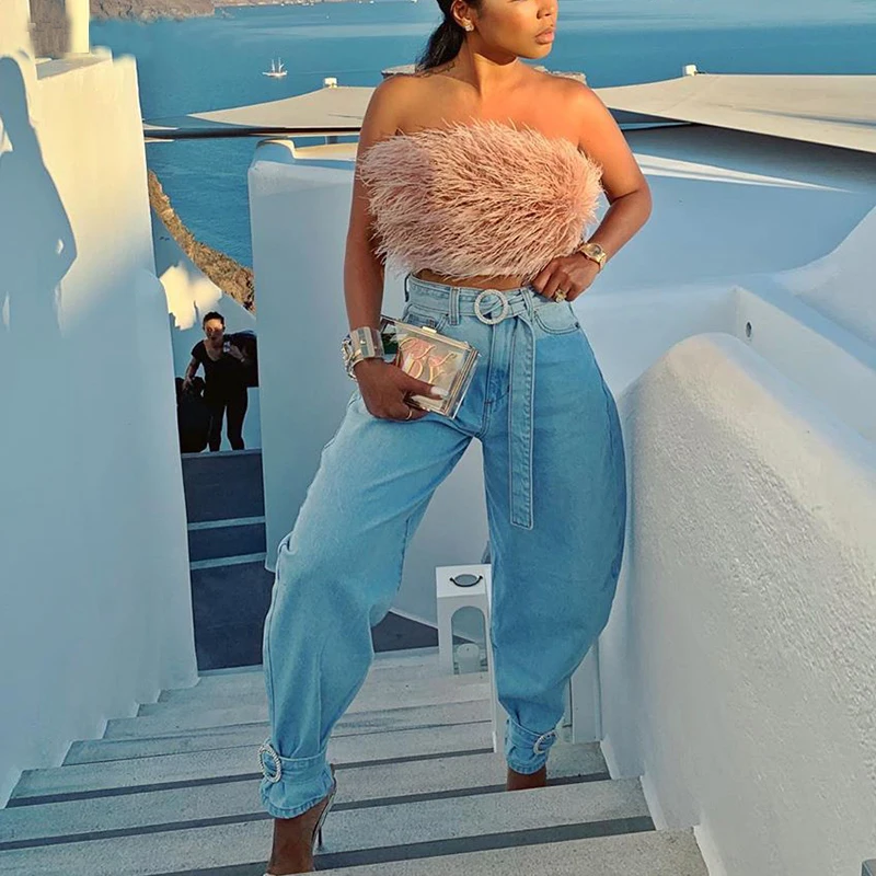 Женские облегающие джинсовые брюки с высокой талией однотонные синие уличные