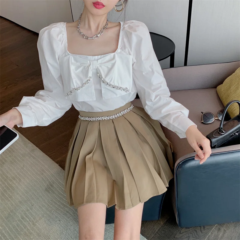 

Милые женские модные комплекты из 2 предметов, уличная блузка с бантом и бриллиантами + юбка с высокой талией, женские костюмы из двух предме...