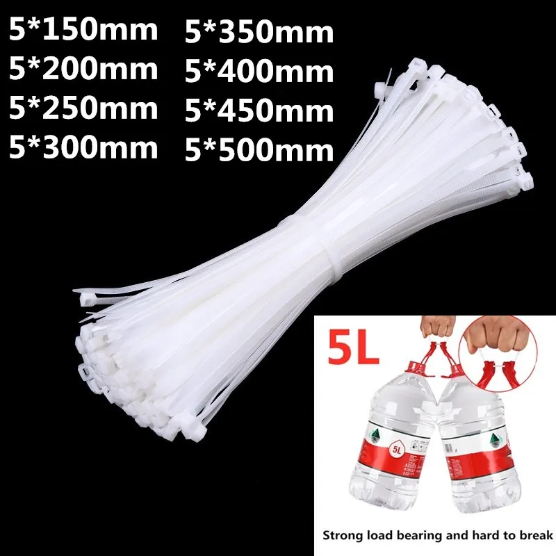 Самоблокирующиеся пластиковые нейлоновые стяжки 100 шт. белые 5*150 5*200 5*300 для