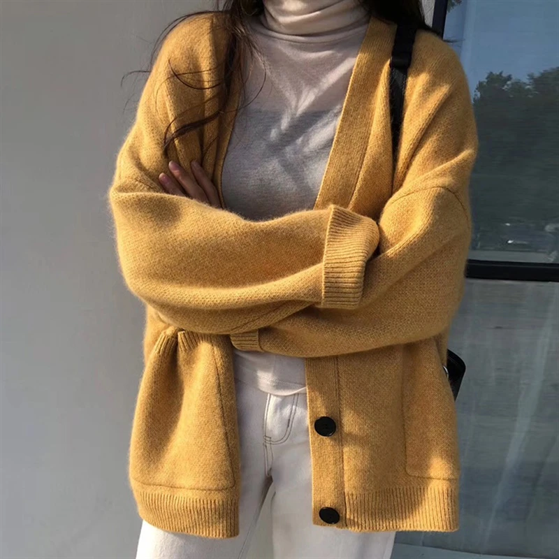 

Women Cardigan V-neck Sweater Korean clothes Girls 2020 Autumn Winter Loose Casual Knitted Jacket Cotton Single Breasted Button