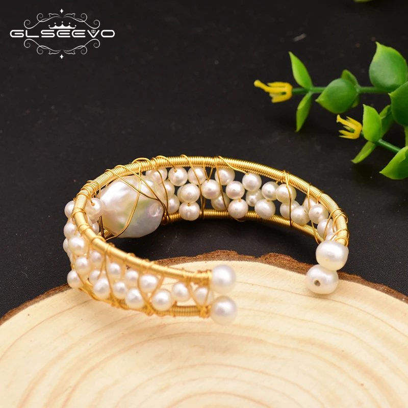 Женский широкий регулируемый браслет GLSEEVO с натуральным жемчугом в стиле барокко