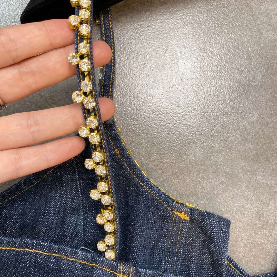 

ZCSMLL 2021 summer denim tops split diamond-studded side line cross braid lace sexy woman denim strap Camis tide