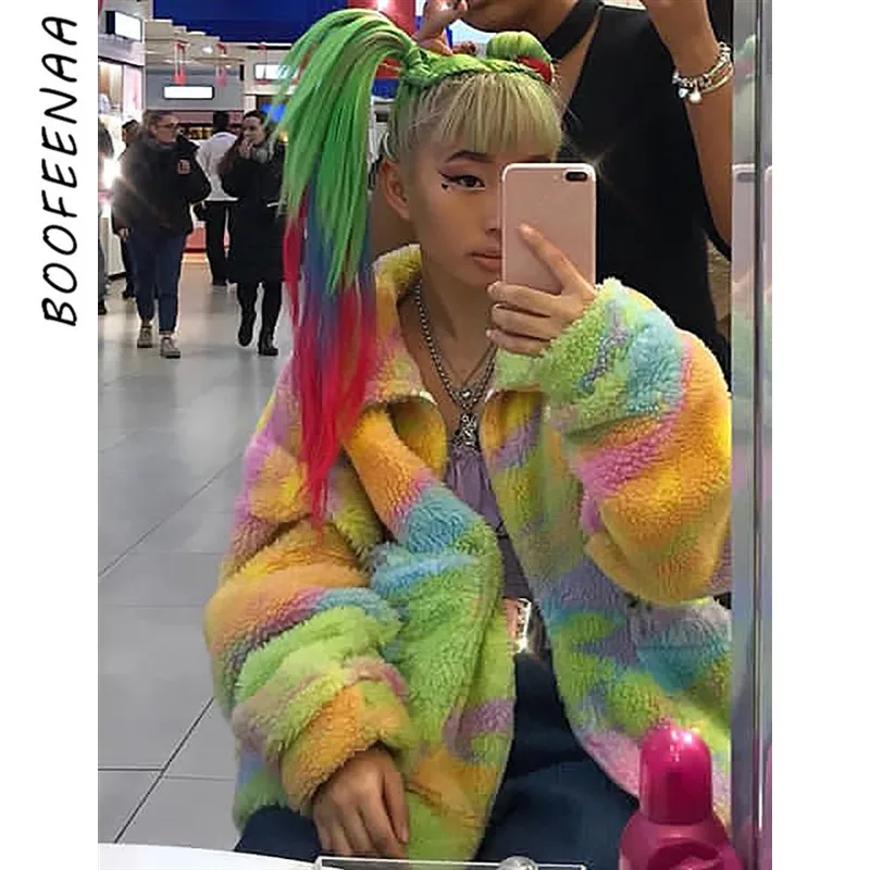 BOOFEENAA Радуга галстук краситель ягненка искусственный мех пальто для женщин зима