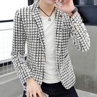 spring autumn mens blazers jacket lapel one button checks plaids men coat business casual jackets size m 3xl v02