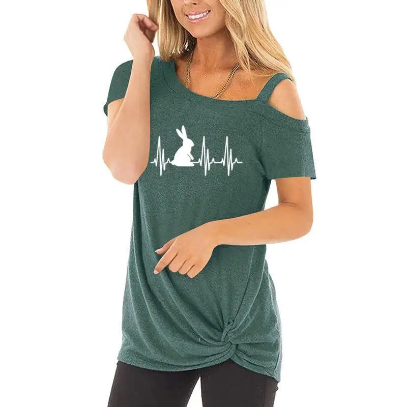 

New Fashion T-Shirt For Women Skew Collar Leisure T-Shirt Rabbit on the heart jumper graph Printing vegans T-Shirt Female Tops