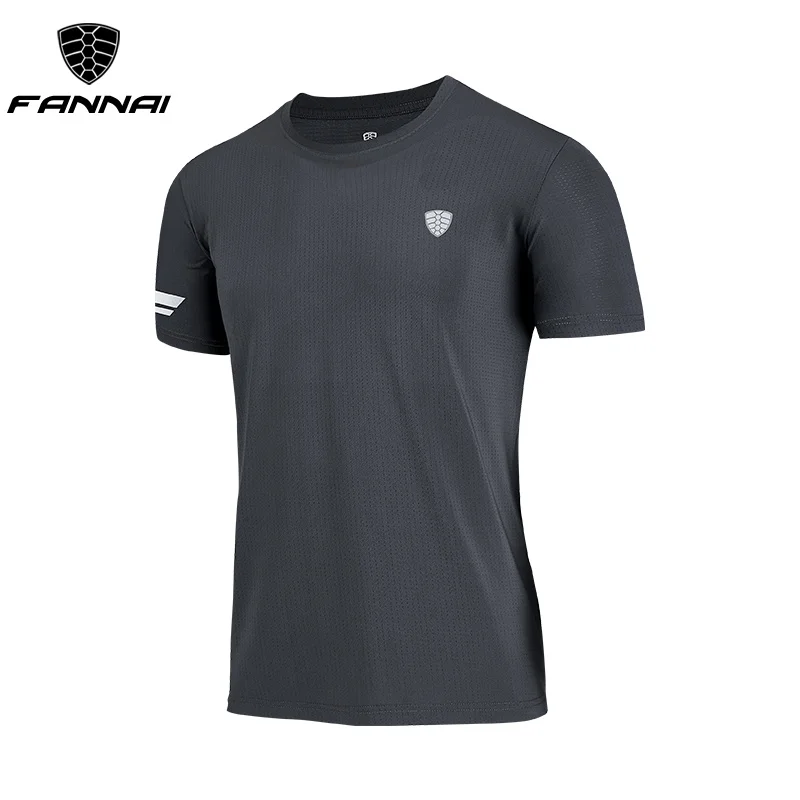 FN042Gray FANNAI Мужская футболка, спортивные топы, футболки, быстросохнущая футболка для фитнеса, спортзала, мужские футболки для бега, Майки с коротким рукавом, спортивная одежда для тренировок - Цвет: FN042Gray