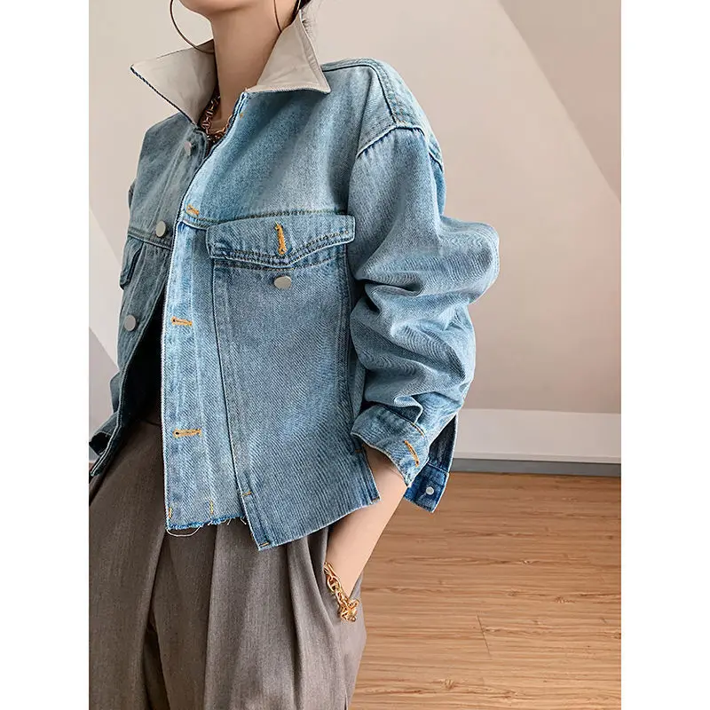 Women Jeans Jacket COTTON Casual Solid Spring Autumn Full Turn-down Collar Single Breasted Outerwear Coats Euro-America Style