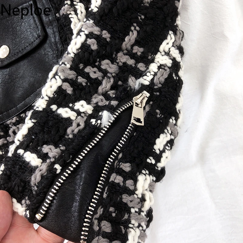 Neploe/осенне зимняя кожаная куртка в стиле пэчворк с отложным воротником и