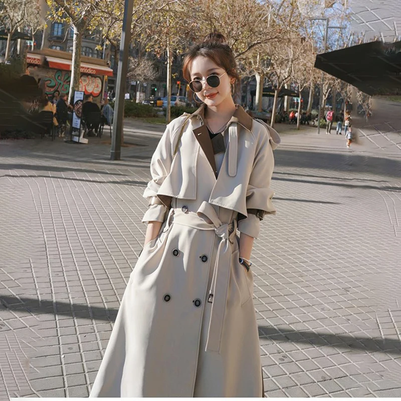 

Women's Trench Coat 2022 Spring Autumn Fashion Apricot Color Stitching Jacket Lapel Double-Breasted Belted windbreaker Female