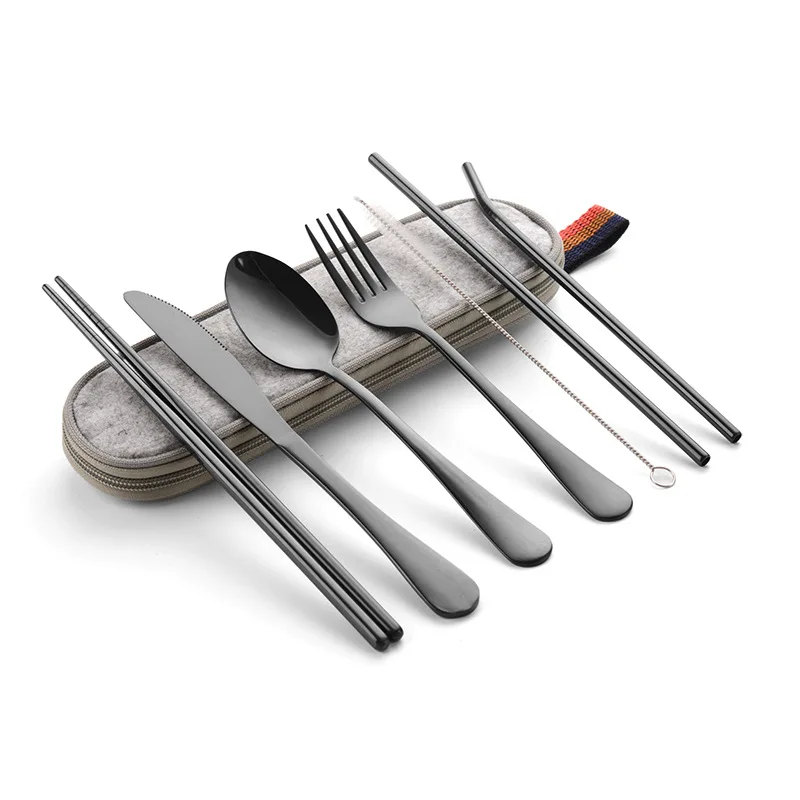 

HHHOME 7Pcs Reusable Tableware Portable Travel Stainless Steel Cutlery Set With Knife Fork Spoon Straw Chopsticks Brush Faltware