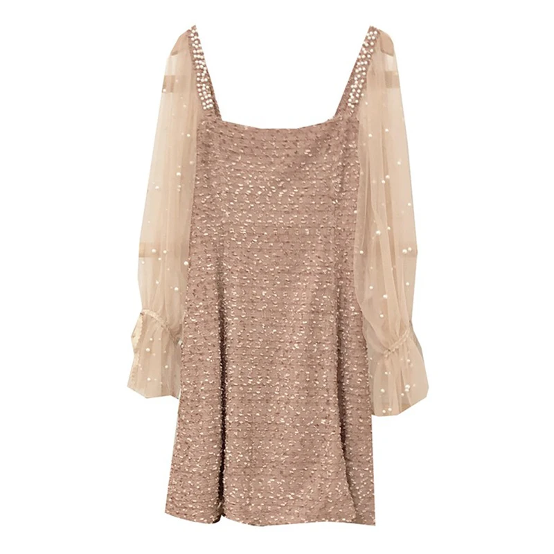 Розовое белое Сетчатое лоскутное платье с длинным рукавом и квадратным