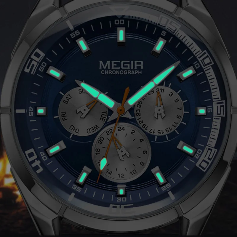 2019 MEGIR Роскошные мужские часы zegarek meski календарь недели Мужские с кожаным ремешком