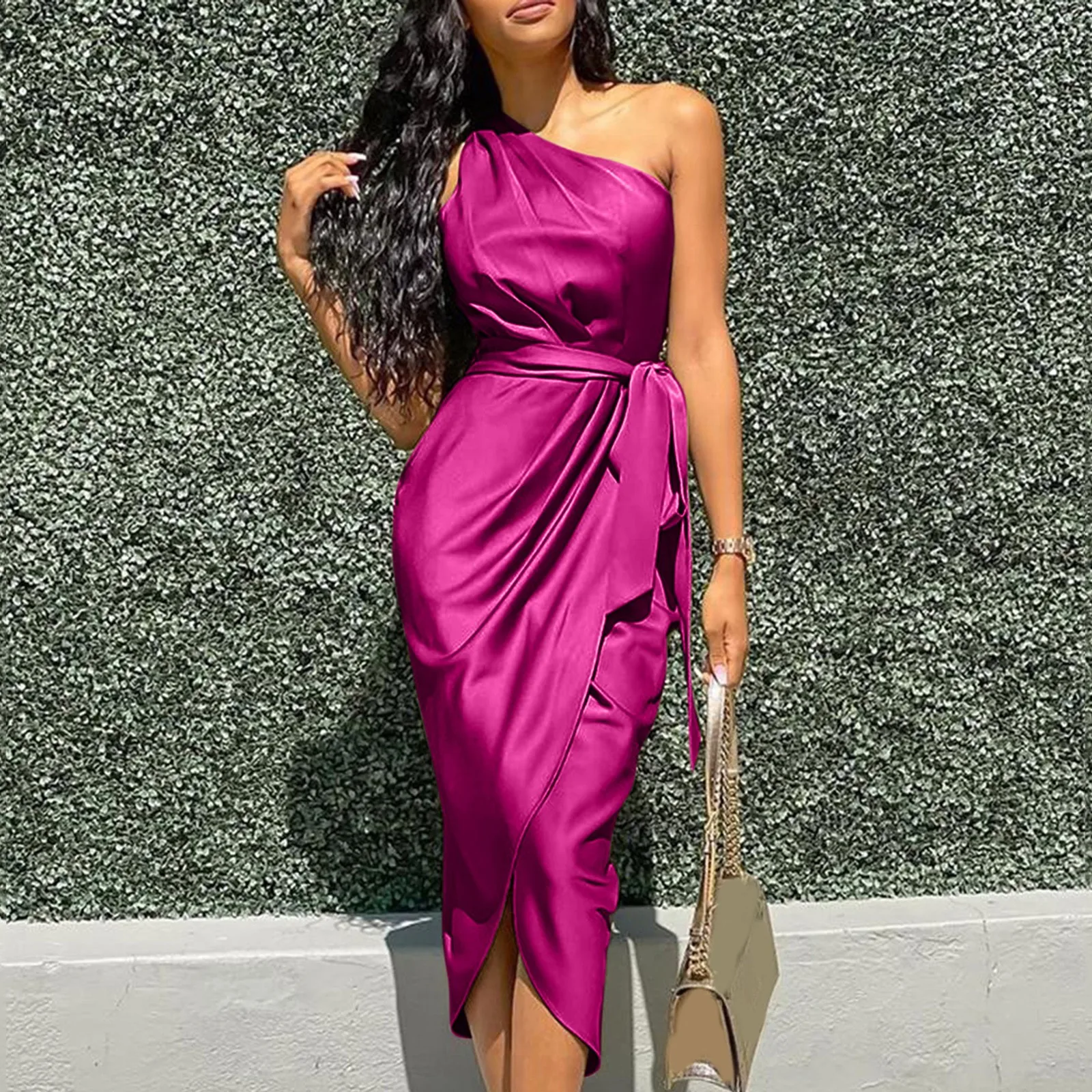 

Sexy Dresses For Women Sexy Solid One Shoulder Ruched Dress Slit Bodycon Dress Sleeveless Belt Formal Dress Vestidos De Mujer