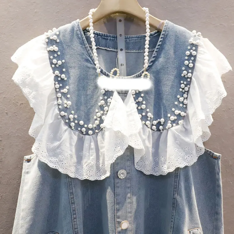 

XITAO Solid Beading Single Breasted Dress 2021 Summer New Arrival Personality Fashion Loose O-neck Sleeveless Dress CLL1320