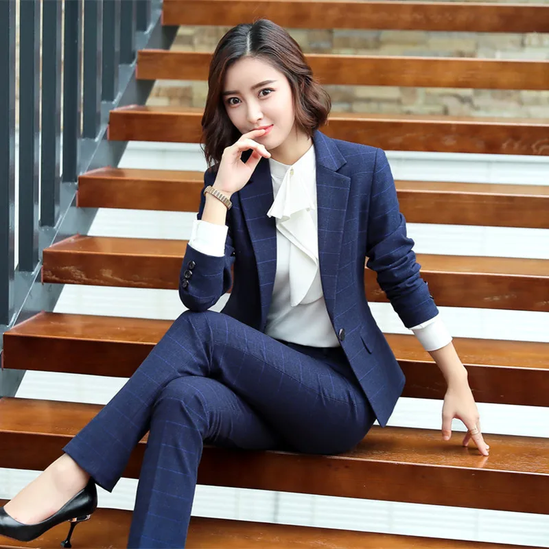 IZICFLY Autumn Spring High-End Plaid Office Women Blazer With Trouser Business Interview Elegant Pants Suits Outfit Work Wear