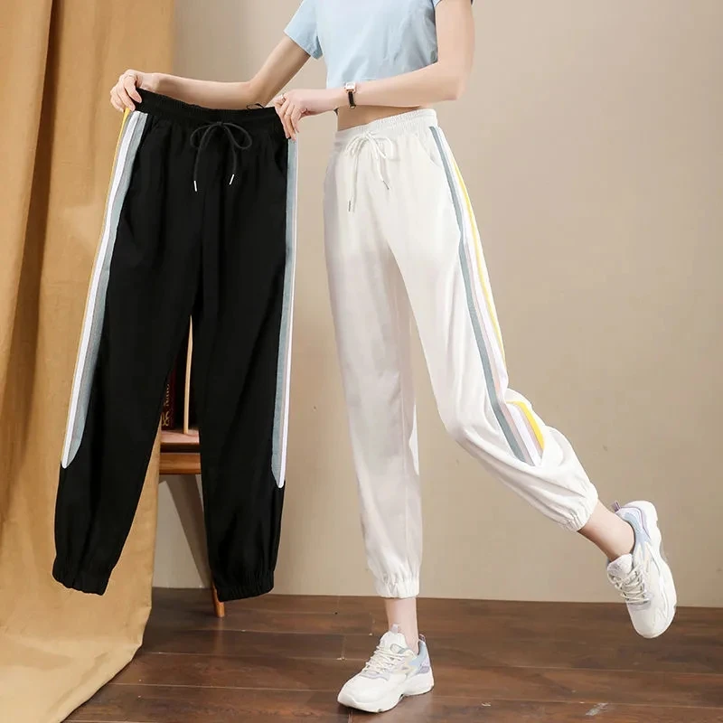 

Summer Women's Joggers Loose Korean Clothing Harem Pants Capris Fashion High Waist Gauze Striped Trousers Sweatpants