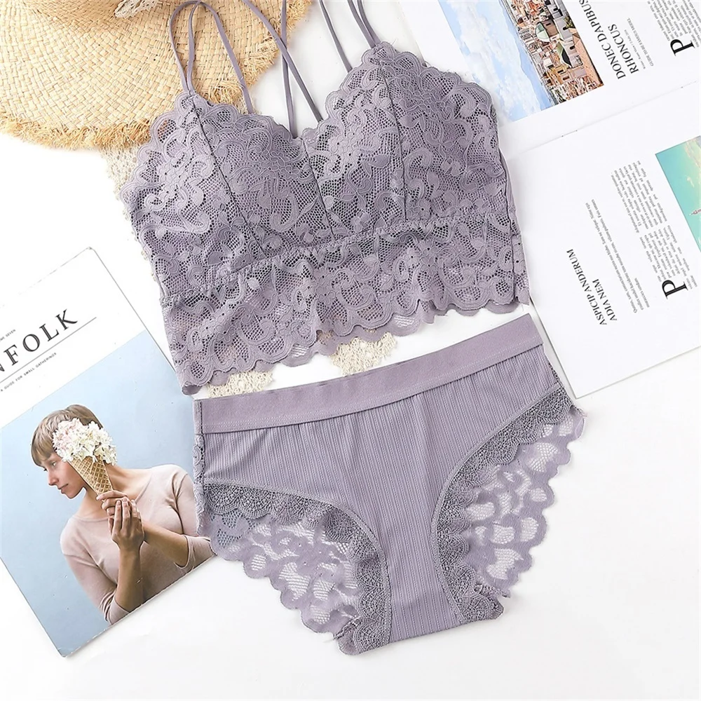 

Women Underwear Sets Thread Ice Silk Bra Lace Jacquard Underwear Beautiful Back V-Neck Suspender Underwear Lingerie Panties Set