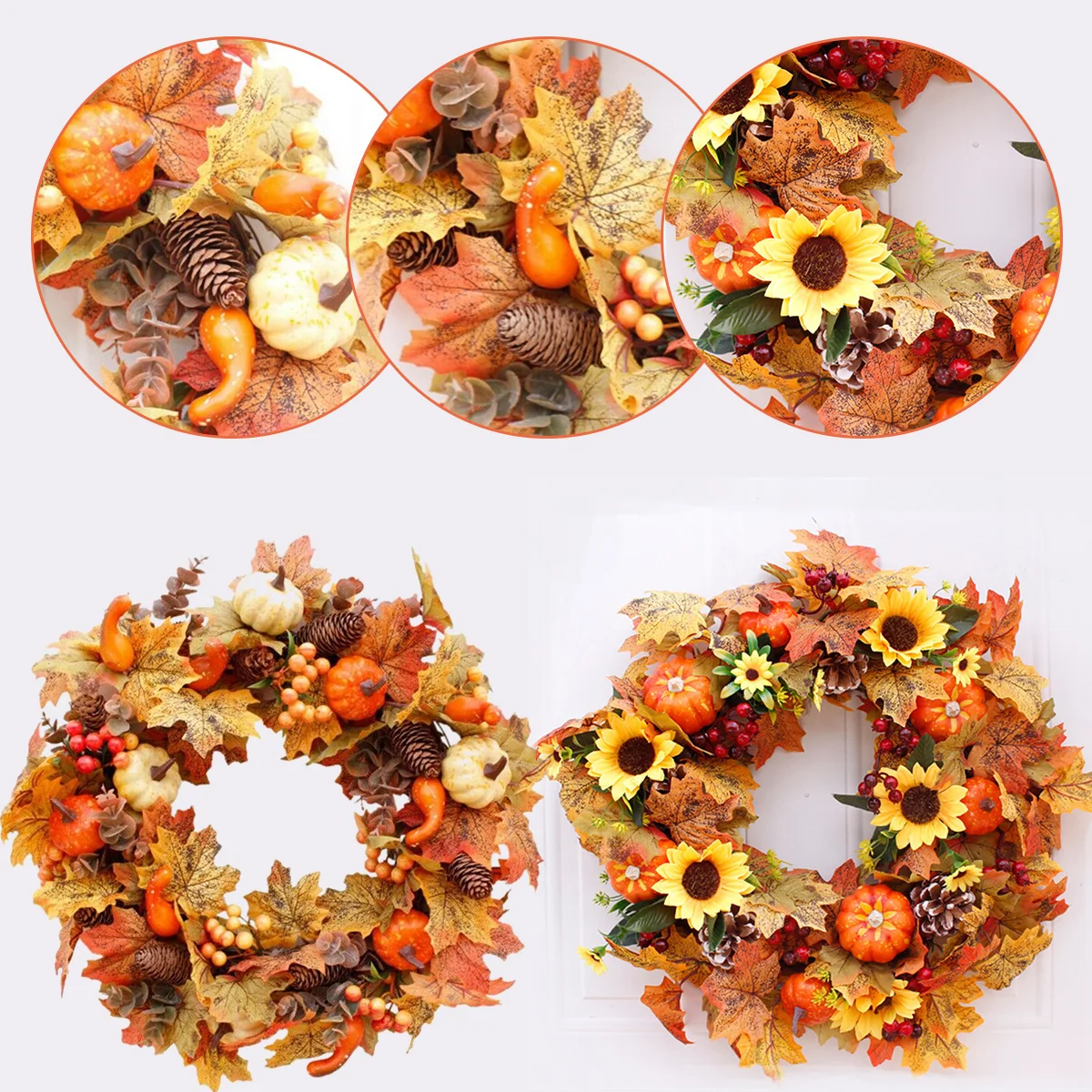 

Autumn Wreath Theme Door Artificial 50cm Pumpkin Berries Pine Cone Maple