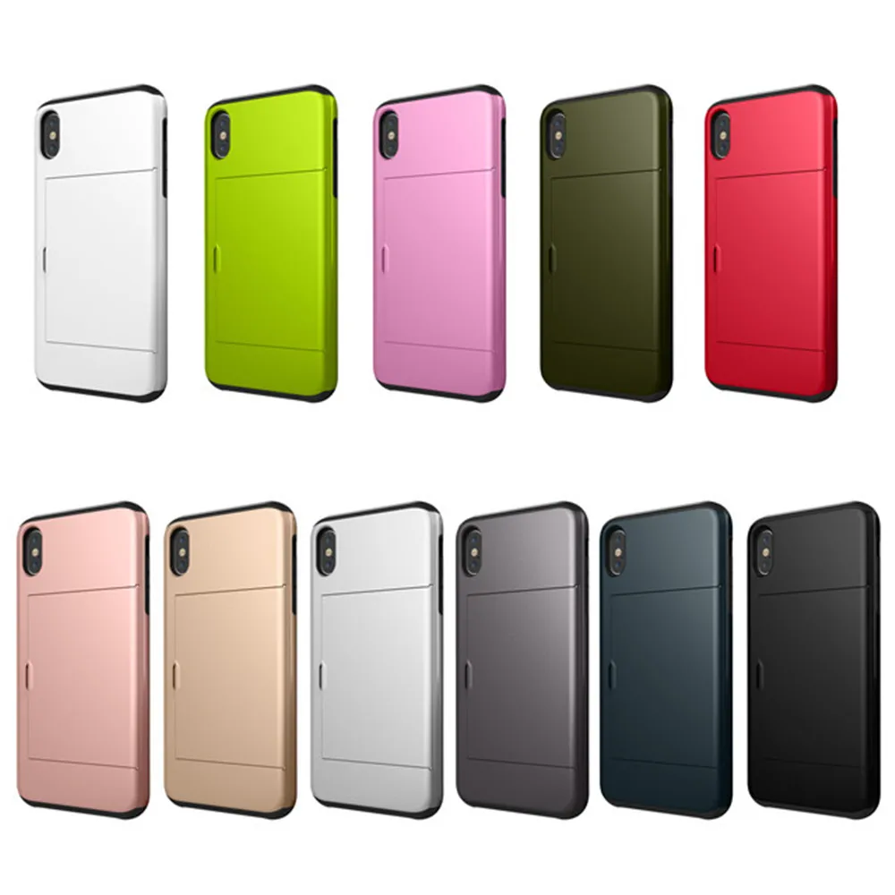 

Armor Slide Card Case For iPhone XS MAX XR X 8 7 6S Plus Card Slot Holder Cover For Samsung S9 S8 Plus S7 S6 Edge Note 9 8 5 4