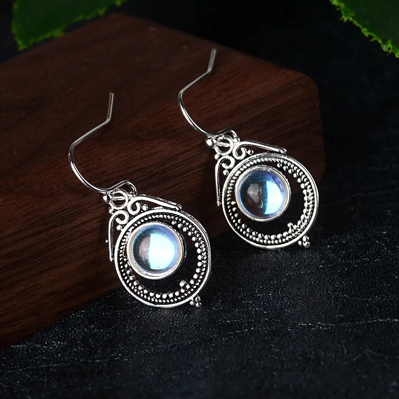 

Vintage Unusual Earrings Round Moonstone Hollow Geometry Drop Earrings Women's Wedding Party Charm Dainty S92 5 Silvery Jewelry