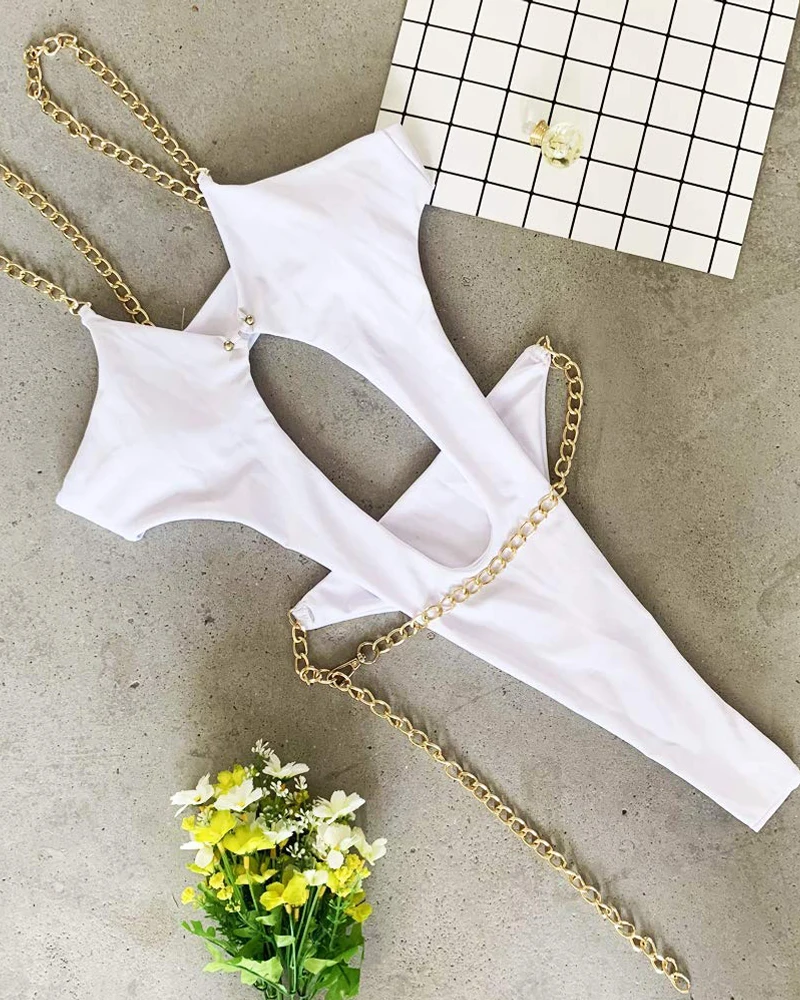 

New Women Swimsuit Leopard Chain Swimwear Beach Wear Monokini Cut-Out Backless Swimsuit