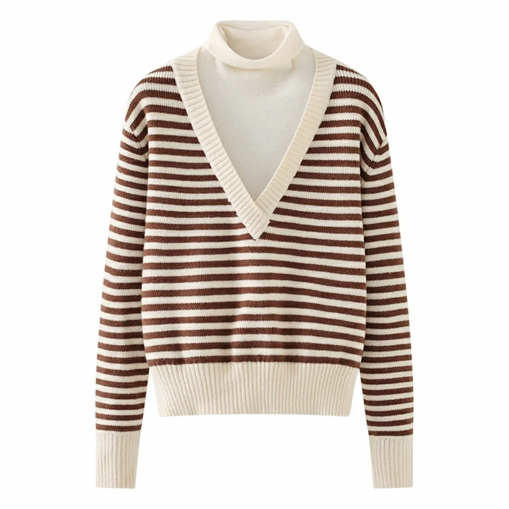 

Autumn Winter Plus Size High-neck Striped Sweater Women V-neck Fake Two-piece Base Sweater Loose Korean Casual Pullover Sweater