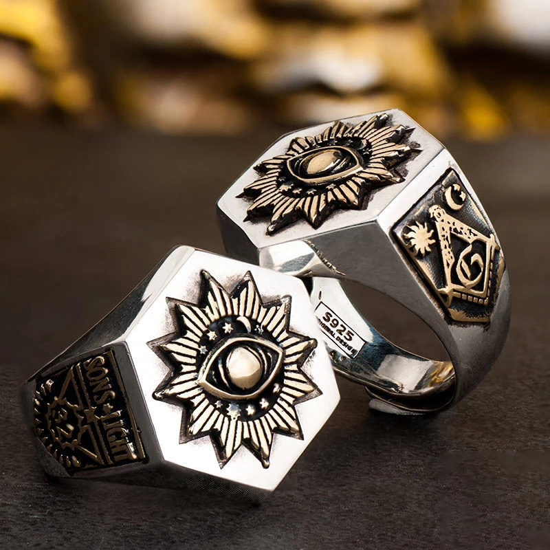 

S925 Sterling Silver Punk Style Demon Eye Totem Men's Fashion Retro Ring Inlaid Craft Embossed Texture Adjustable Size