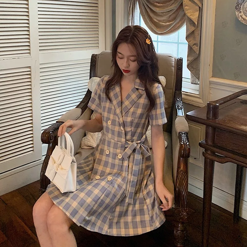 

Summer New Style Fresh Small Tall Waist Slim Suit Collar Plaid Temperament Short-sleeved Dress Women's Clothing Runway Designer
