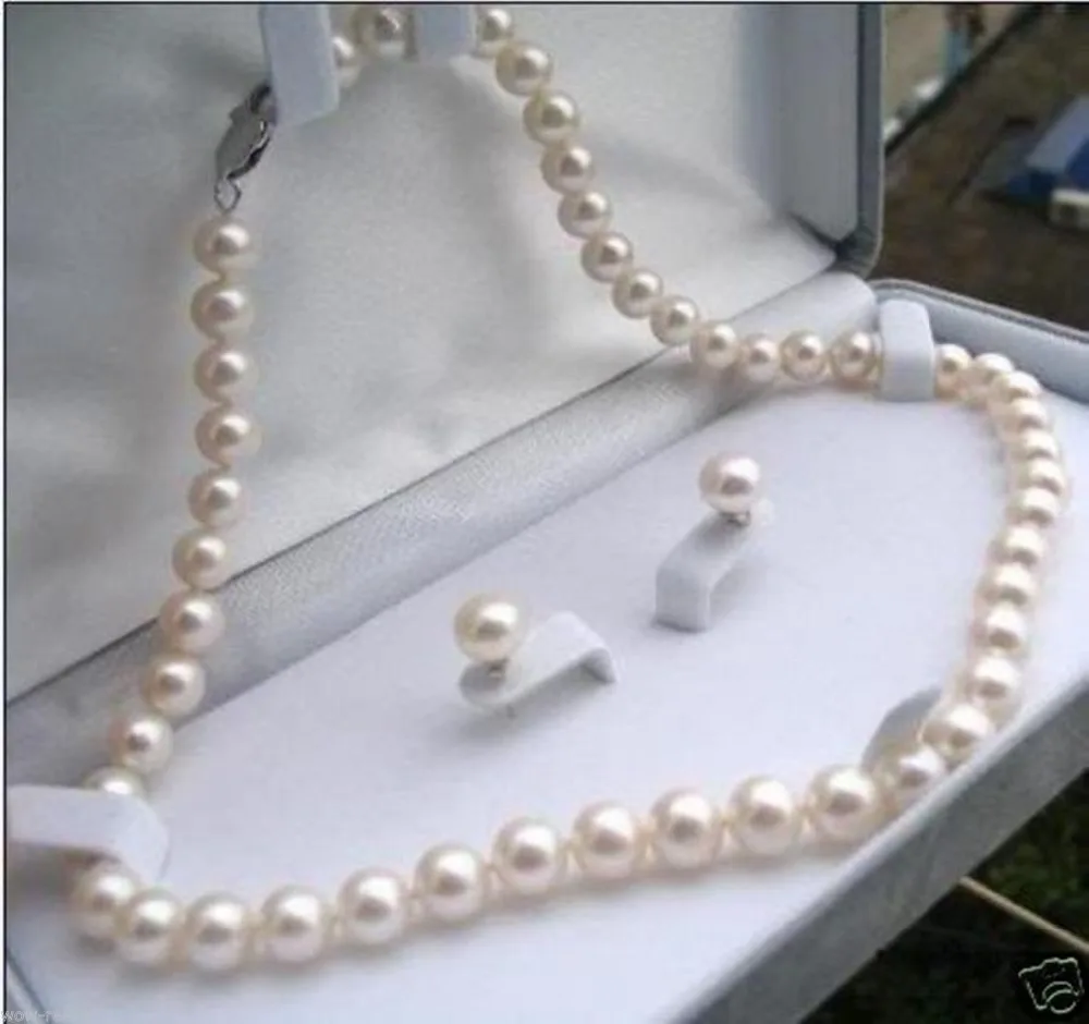 

Natural 8-9mm White Pearl Necklace Sterling Silver Stud Earring A Set 18''