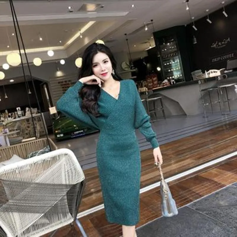 Женское платье свитер с длинным рукавом облегающее офисное карандаш V образным