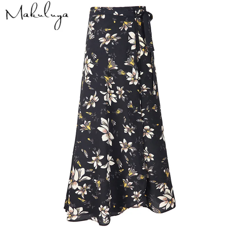 

Makuluya Middle Long Skirts Fashion Women Skirts Beach Style Casual Floral Skirts Hot Women Split Skirts Lady Chiffon Skirts
