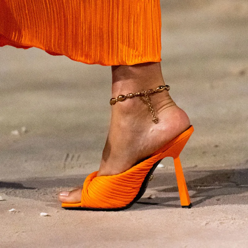 

New Fashion Women High Heel Slippers For Summer Fairy Pleated Leather Peep Toe Sexy Slippers Concise Design Outdoor Party Shoes