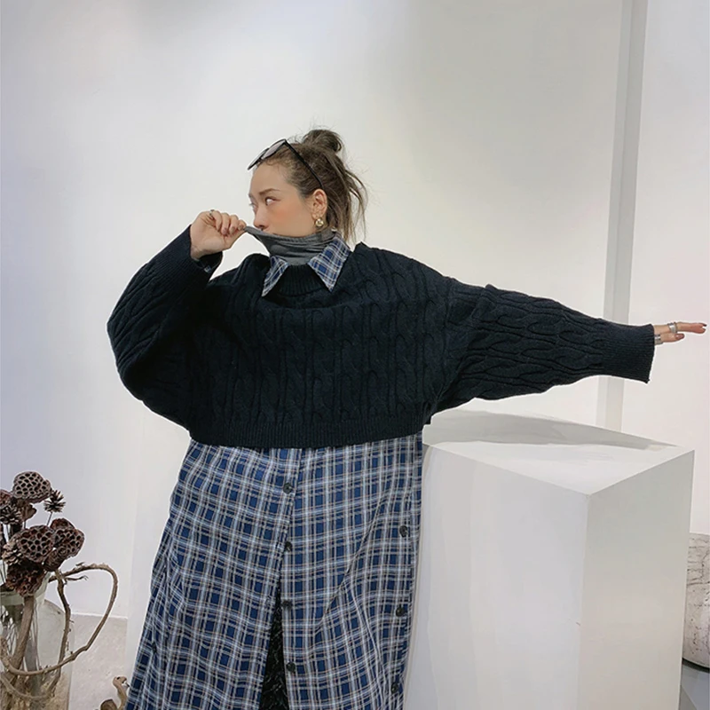 

[EAM] Women Blue Plaid Big Size Long Blouse New Lapel Long Sleeve Loose Fit Shirt Fashion Tide Spring Autumn 2021 1DD1998