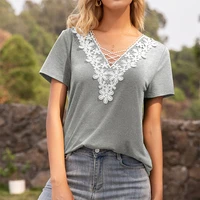 summer new lace patchwork womens t shirt contrast color elegant v neck short sleeve temperament tops female casual tee shirts