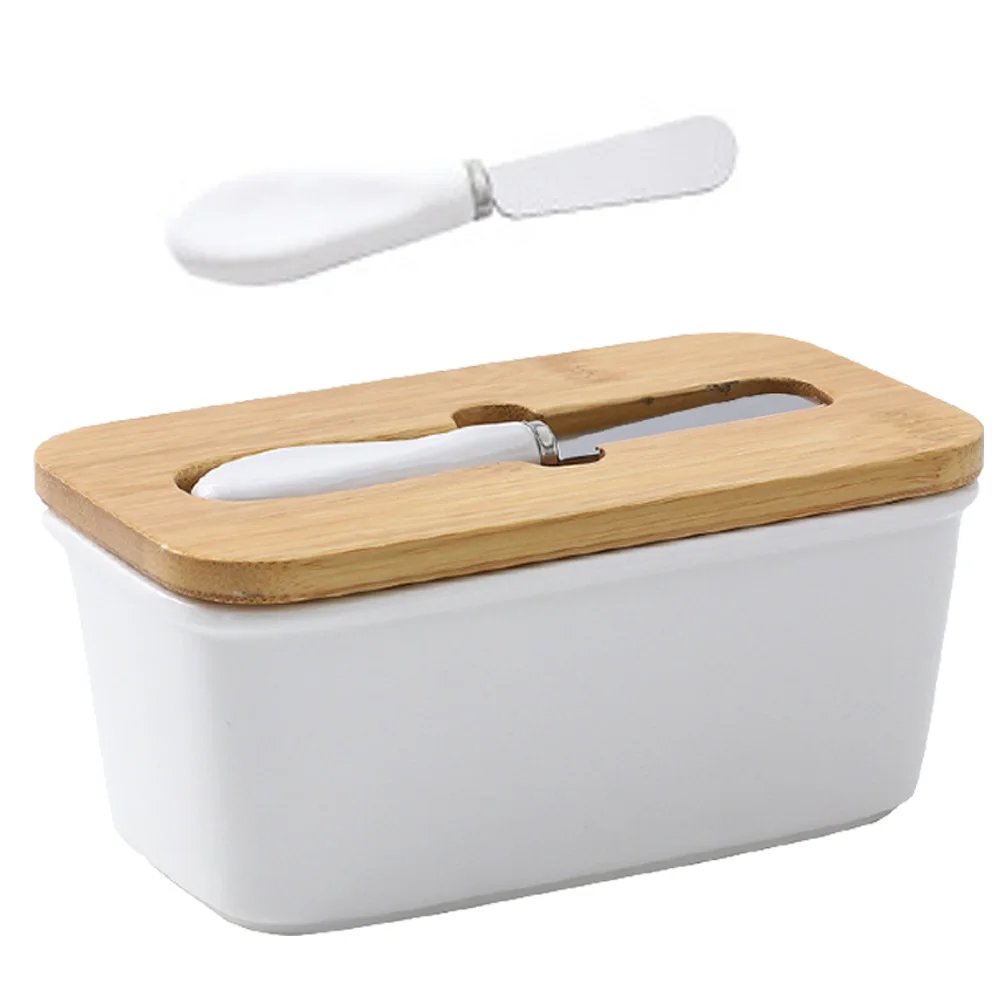 

HPDEAR Ceramic Butter Dishes with Wooden Lid and Knife, Seal Dust-Proof BPA Free Butter Containers