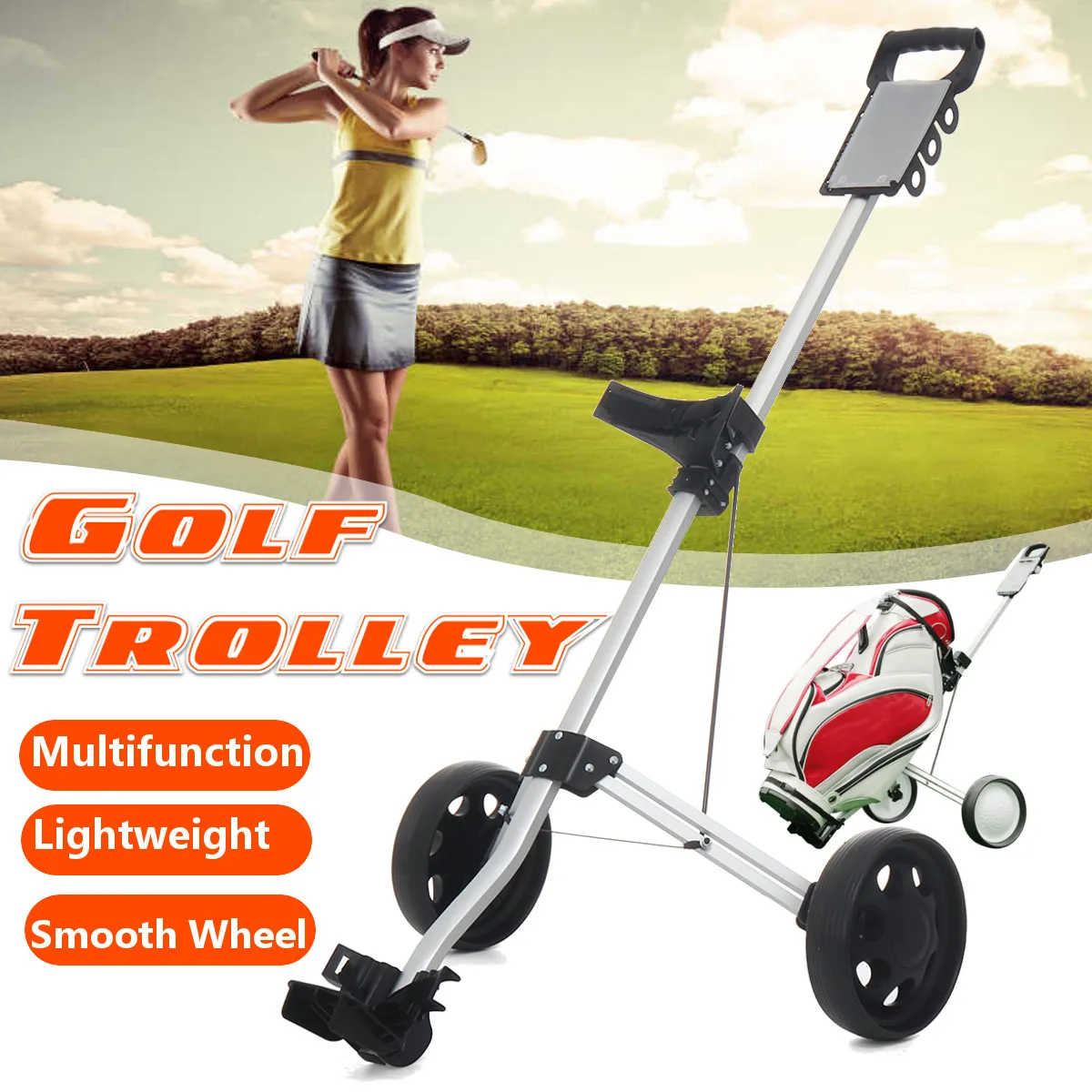 

Golf Pull Cart Iron Black Adjustable Golf Trolley Cart 2 Wheels Push Pull Golf Cart Aluminium Alloy Foldable Trolley With Brake