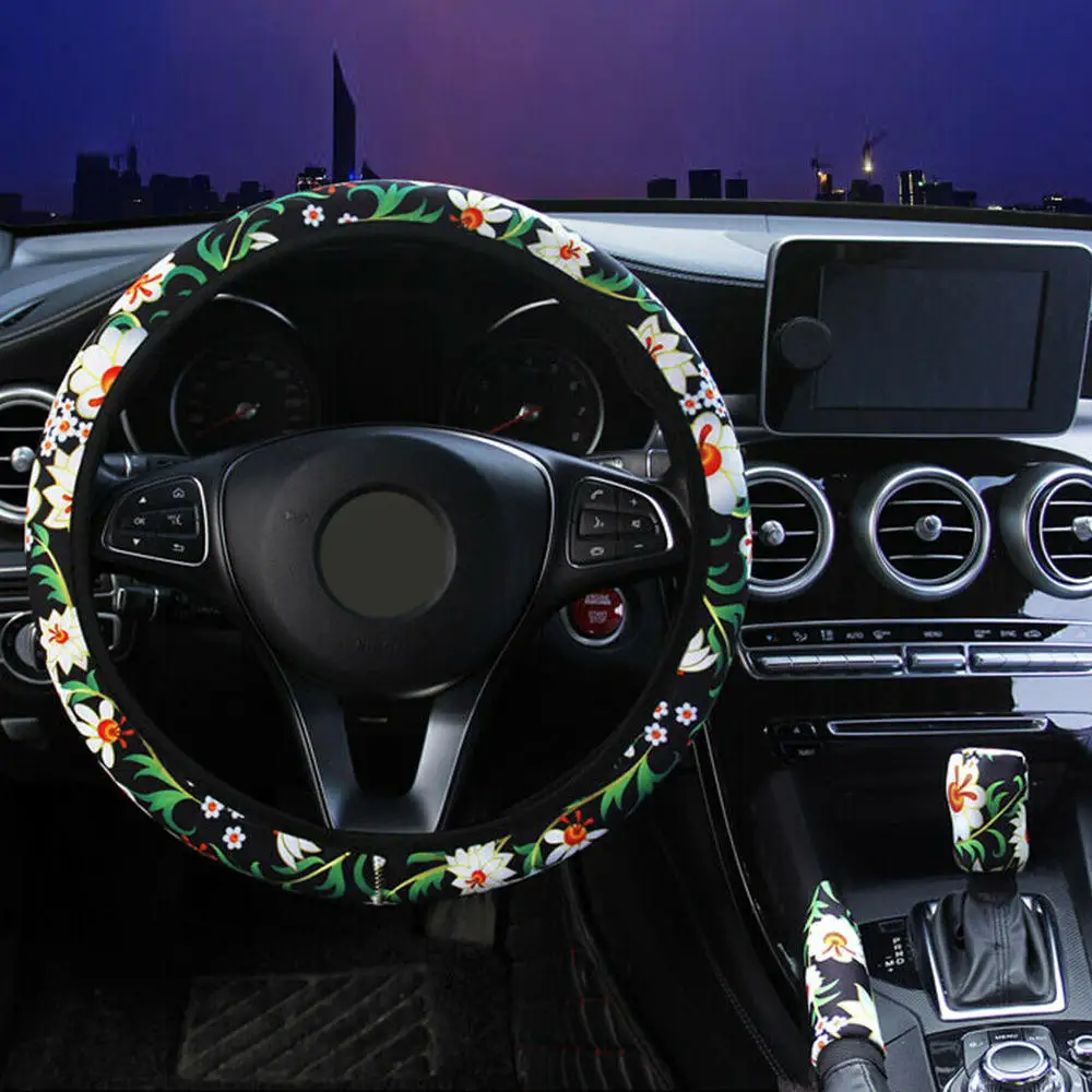 

3Pcs Comfortable And Non-slip Car Steering Wheel Handbrake Shift Cover Flower Car Interior Decor 37-38cm