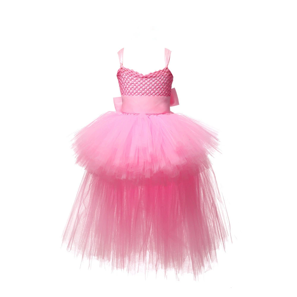 

Girls Tutu Dress Tulle Flower Girl Dresses V-neck Train Pink Girls Wedding Pageant Ball Gown Children Girl Birthday Party Dress