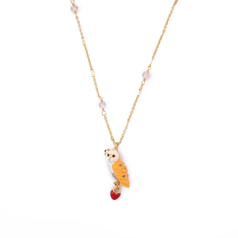 

Simple Hand-painted Enamel Glaze Three-dimensional Snow Owl Animal Necklace Short Red Heart Owl Necklace Clavicle Chain Female