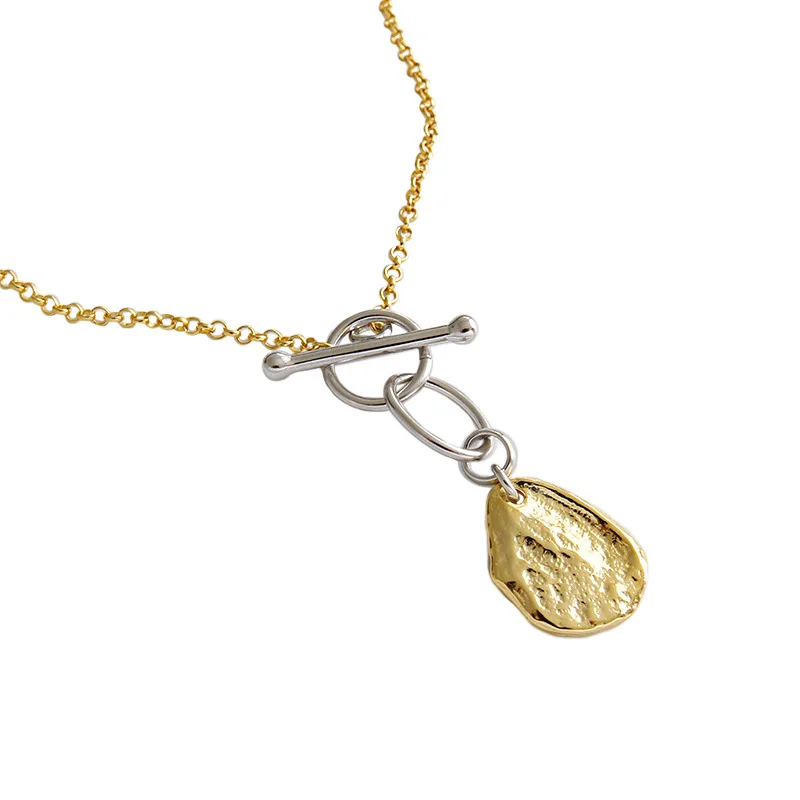 

Korean ins niche texture gold foil texture tag OT buckle S925 sterling silver necklace women birthday party gift for female