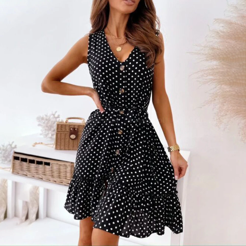 

Fashion V-neck Sleeveless Polka Dot Woman Tank Dress 2021 Summer Casual Buttons White Office Ladies Dresses For Women Robe Femme