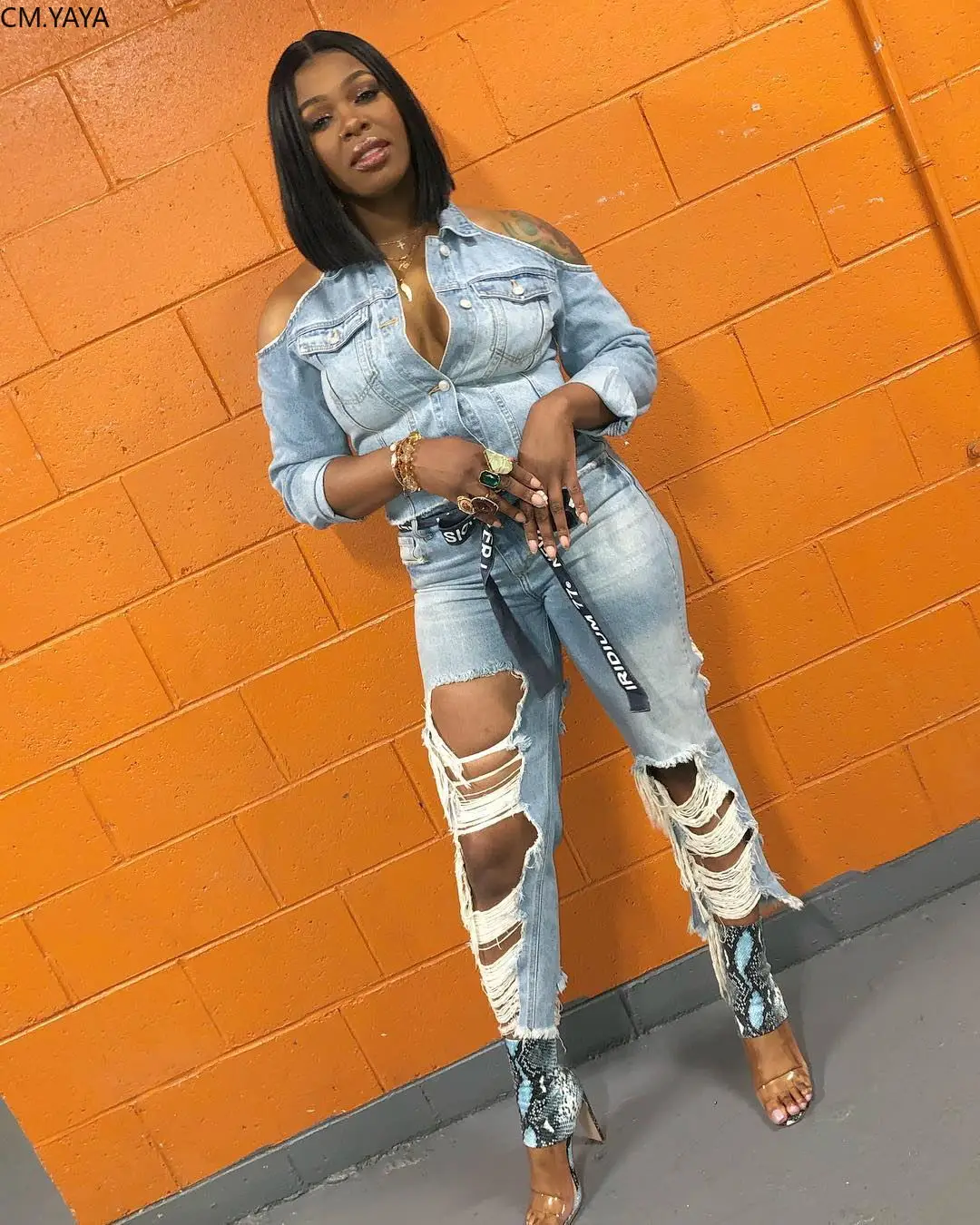 Новые зимние женские комплекты сексуальный Джинсовый комплект с отложным