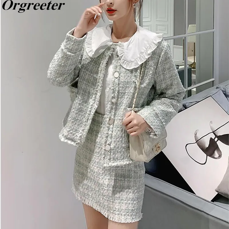 

Small Fragrance Style Korean Fashion Tweed Two Piece Set Women Jacket Coat + Shirt + Skirt Suits Fall Winter Thick 3 Piece Sets
