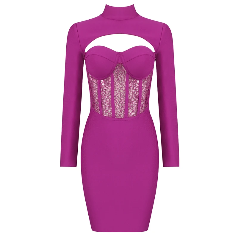 

Lace Women Dress Sexy 2021 New Purple V Neck Long Sleeve Bodycon Party Dress Elegant Celebrity Mini Dresses Fashion Clothes