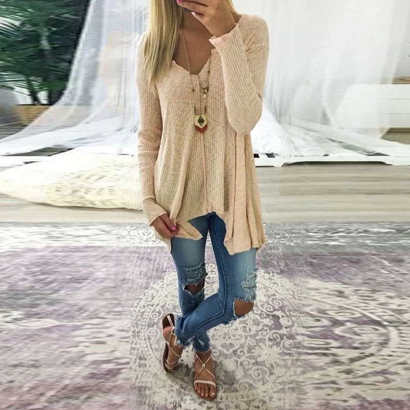 Женский свитер с длинным рукавом однотонный треугольным вырезом тонкий