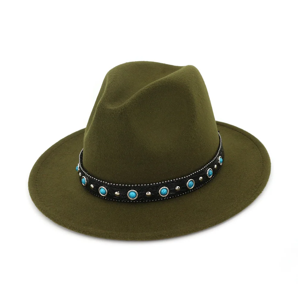 

2019 New Style Felt Hat Men Fedora Hats With Agate Leather Belt Women Vintage Trilby Caps Warm Jazz Hat Church Panama hat