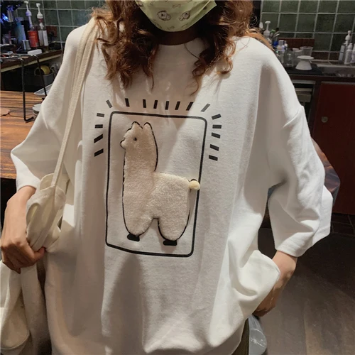 

Cartoon Alpaca Animal Printed Casual Loose Oversize Korean Style 2020 Summer Short Sleeve Women Top Female T-shirts