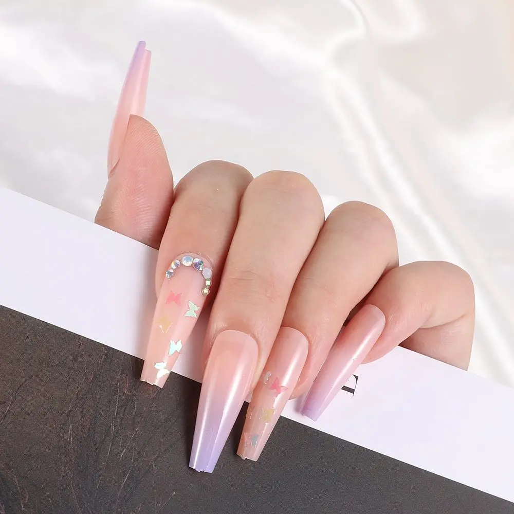 

24pcs Ombre Artificial Fake Nails Butterfly Ballet Coffin Fake Nails Wear Long Paragraph Fashion Manicure Patch Nails Art Tips