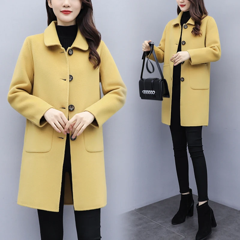 

Casual Women Wool Coat 2020 Autumn Winter Fashion New Korean Mid-Long Sleeve Women's Coats Wool Blends Black Women Tops 785G
